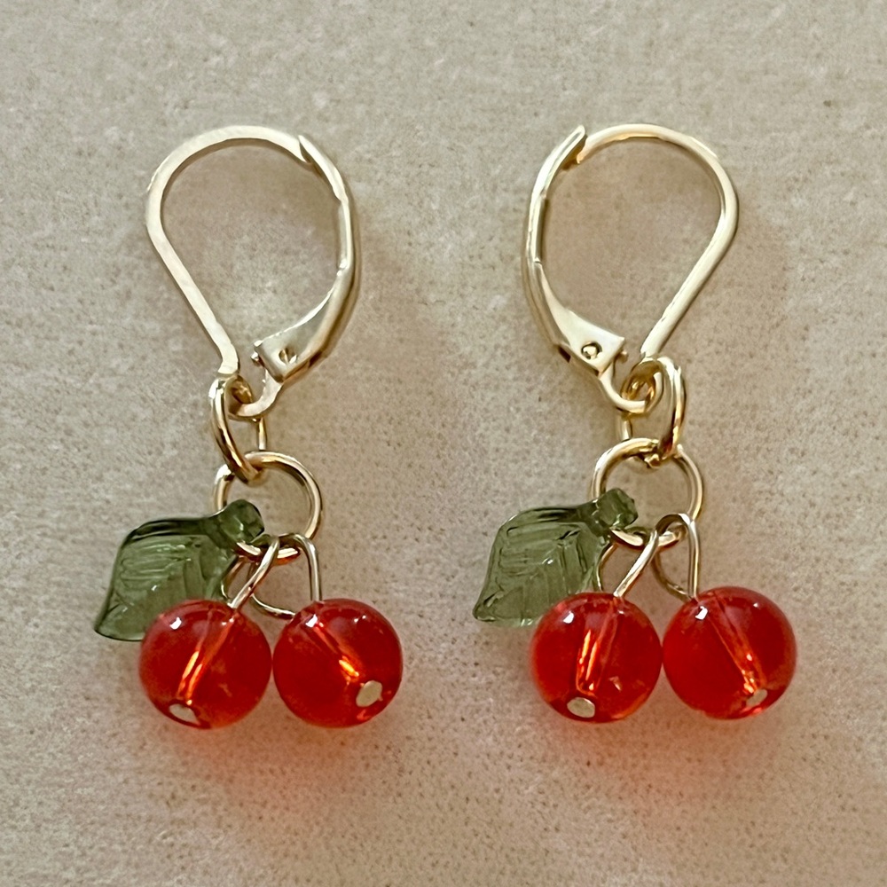 New Adorable Glass Bead Cherry Earrings With Stainless Steel Lever Back Hooks